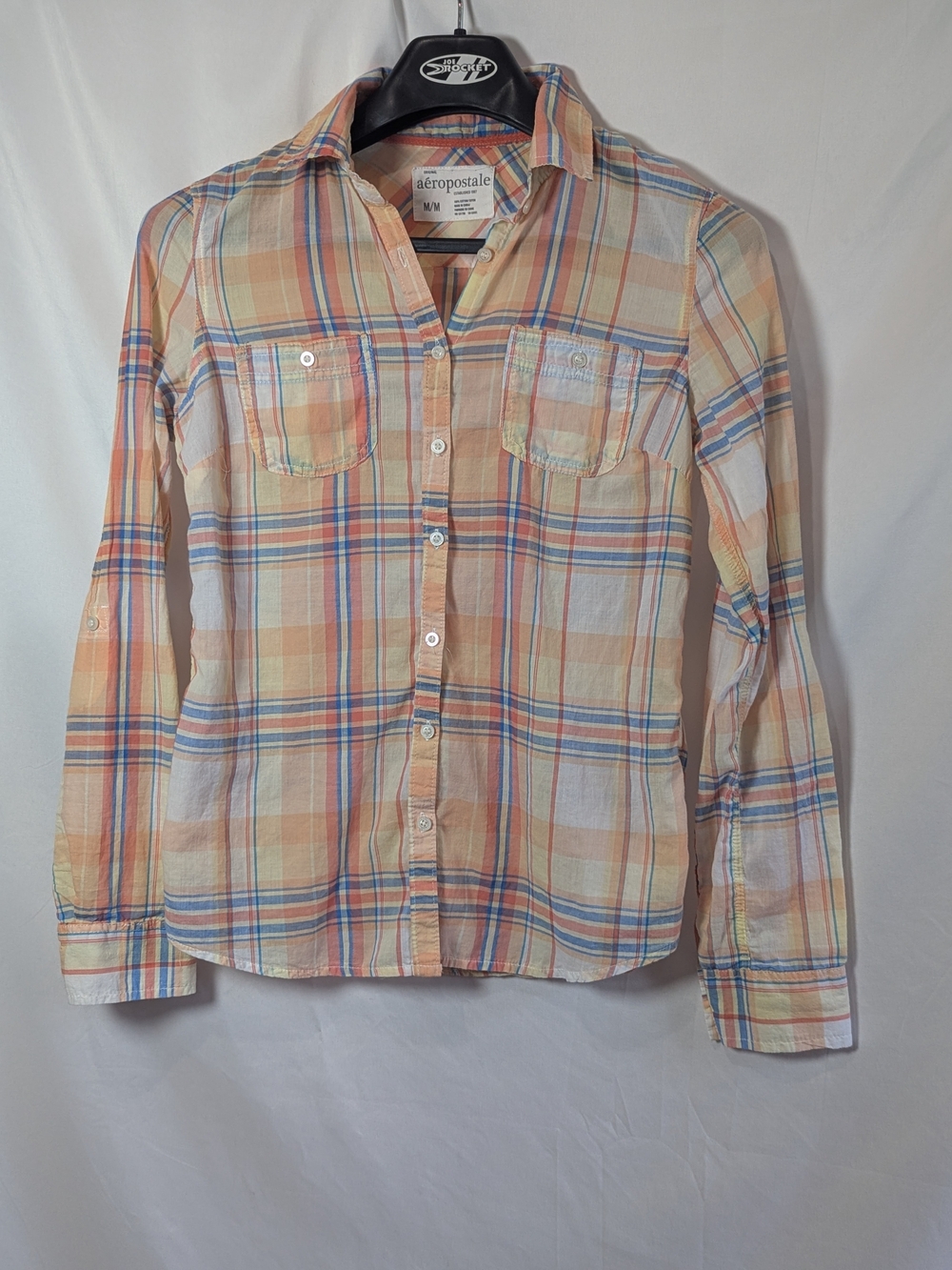 Aeropostale Y2K Plaid Button Up Shirt Women’s Medium Peach Blue 100% Cotton
